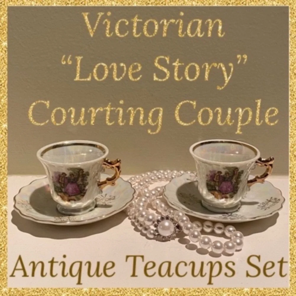 Victorian Lovers Teacups Courting Couple 1900s Japan 24K Gold Pearl Demitasse